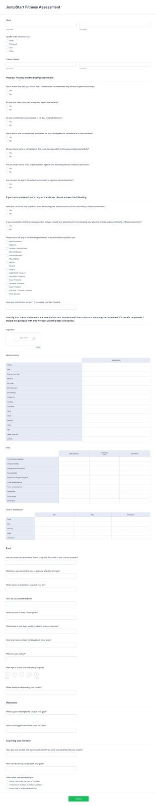 JumpStart Personal Training Assessment Form Template