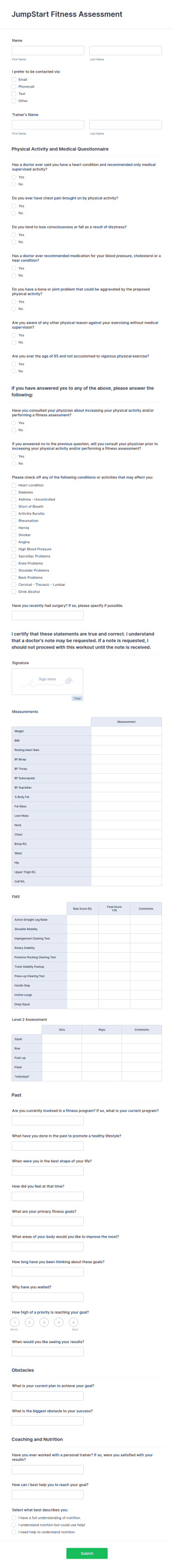 JumpStart Personal Training Assessment Form Template