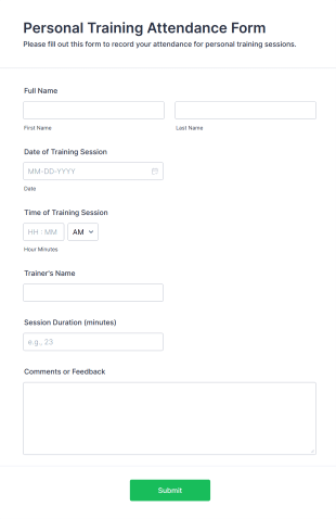 Personal Training Attendance Form Template
