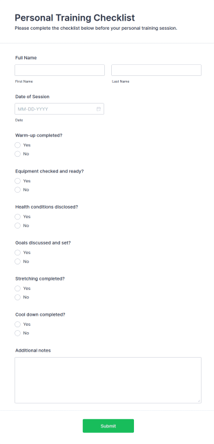 Personal Training Checklist Form Template