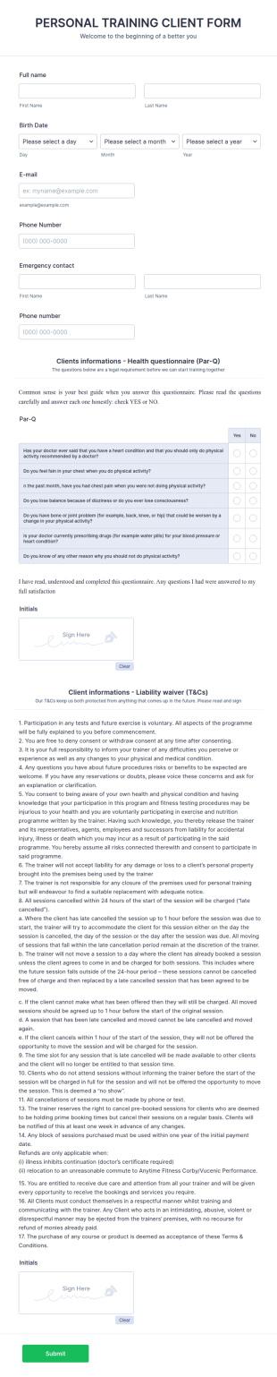 Personal Training Par Q Form Template