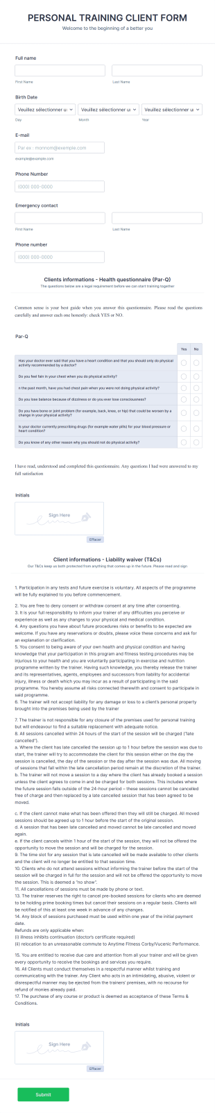 Personal Training Par Q Form Template