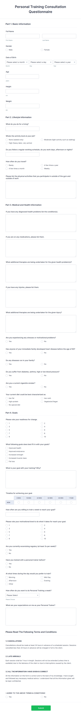 Personal Training Client Intake Form Template