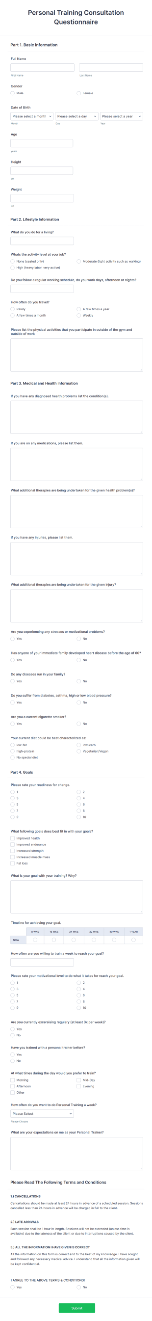 Personal Training Client Intake Form Template