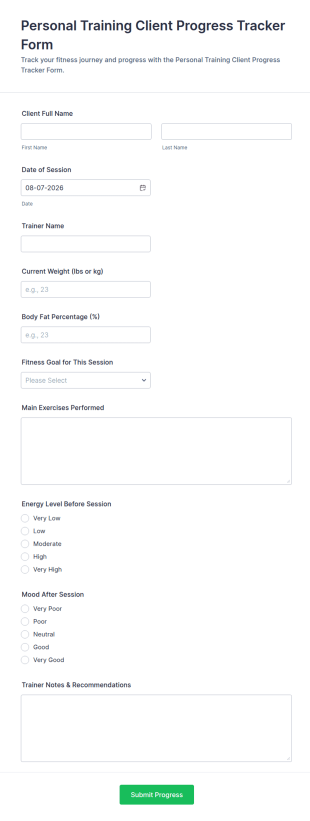 Personal Training Client Progress Tracker Form Template