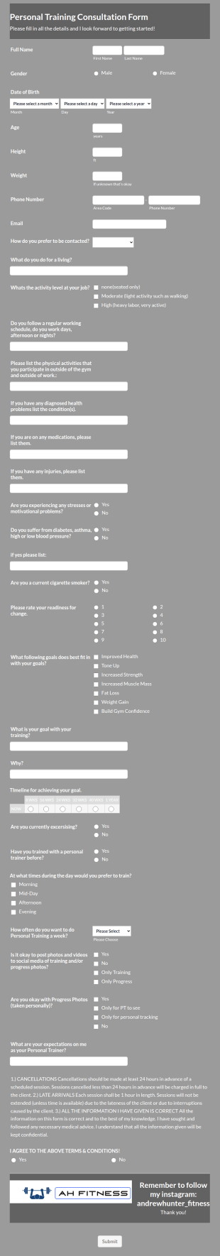 Personal Training Consultation Form Template