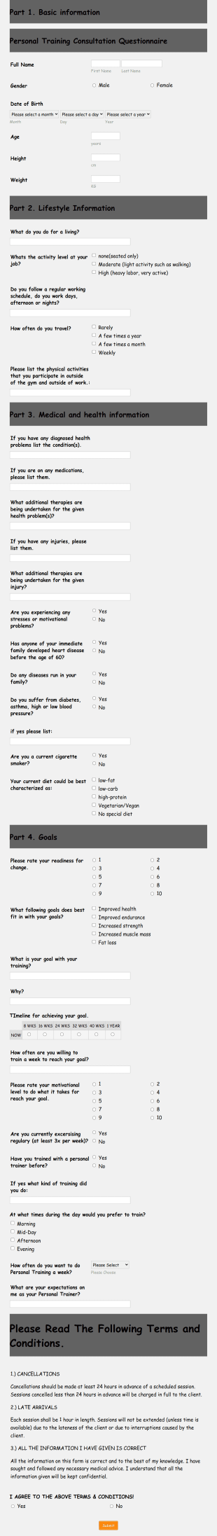 Personal Training Application Form Template