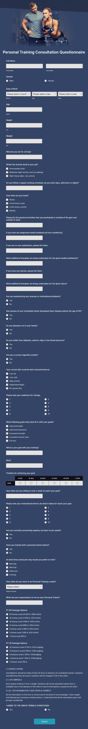 Personal Training Consultation Questionnaire Form Template