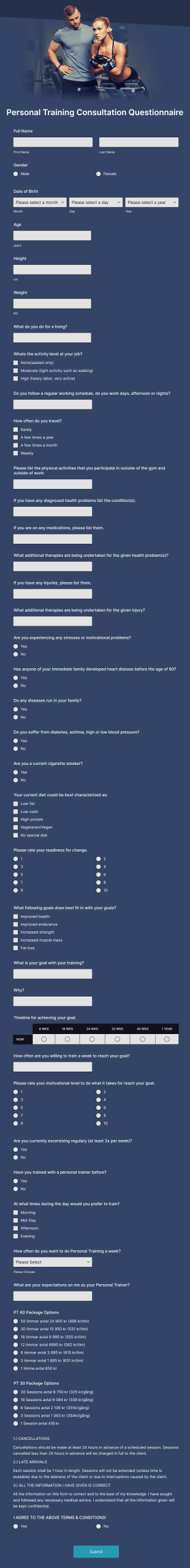 Personal Training Consultation Questionnaire Form Template