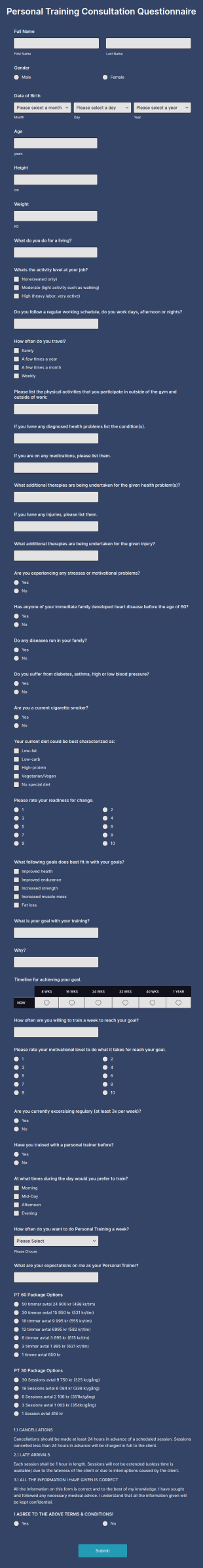 Personal Training Consultation Questionnaire Form Template