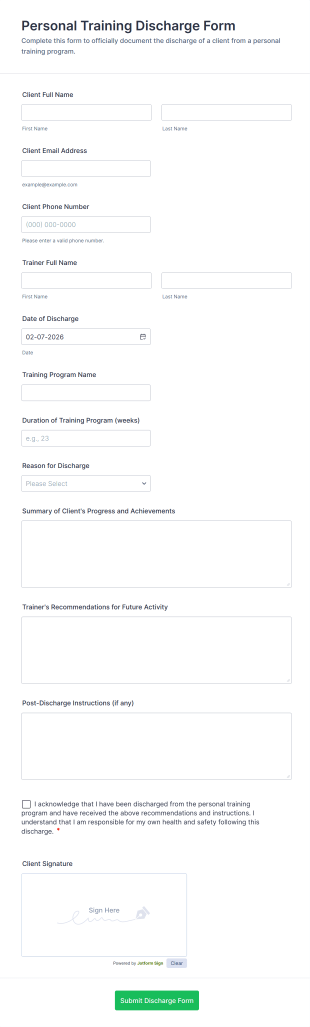 Personal Training Discharge Form Template