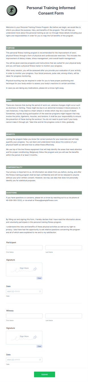 Personal Training Informed Consent Form Template