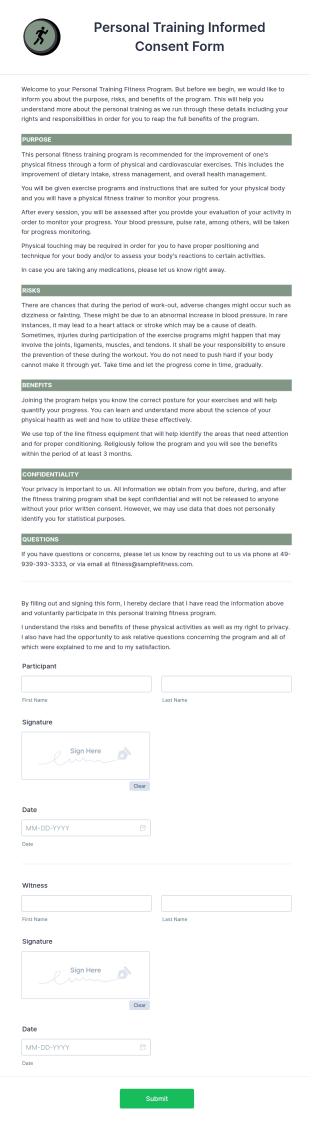 Personal Training Informed Consent Form Template