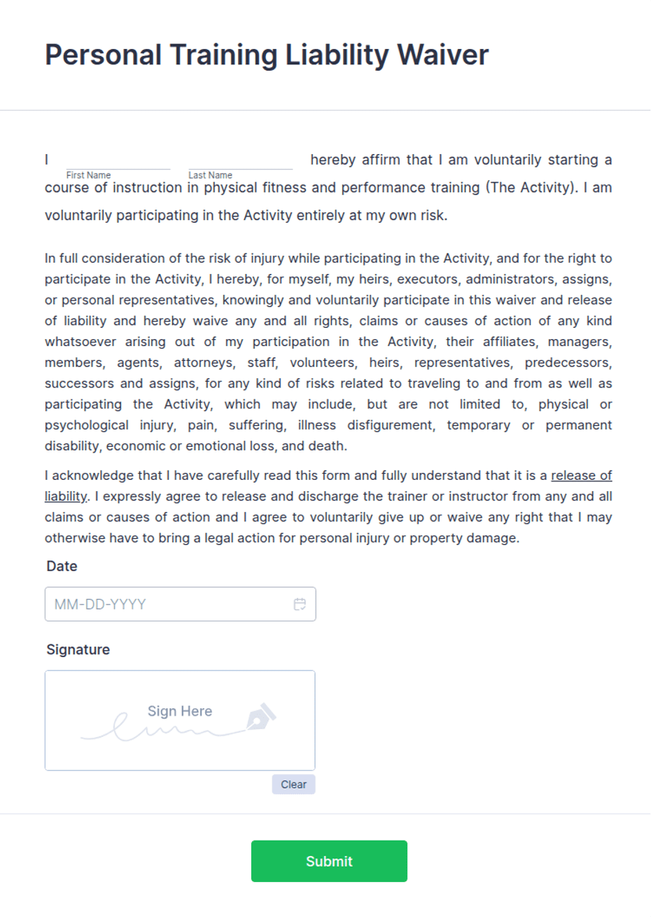 Personal Training Liability Waiver Form Template Jotform
