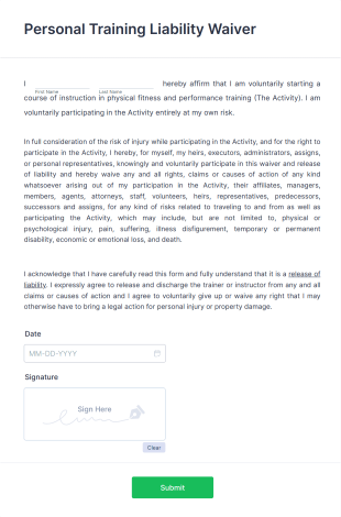 Personal Training Liability Waiver Form Template