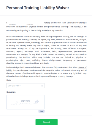 Personal Training Liability Waiver Form Template
