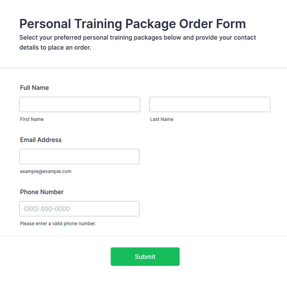 Personal Training Package Order Form Template | Jotform