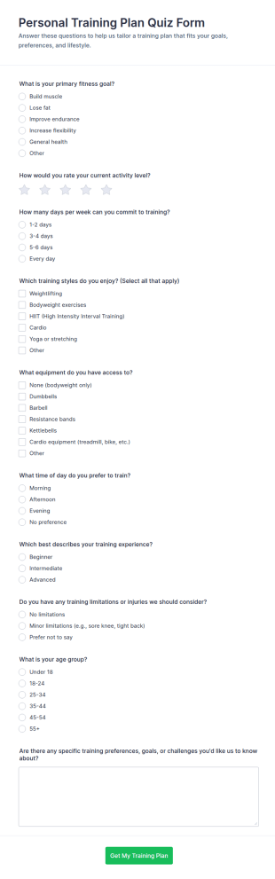 Personal Training Plan Quiz Form Template