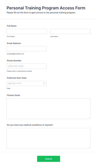 Personal Training Program Access Form Form Template