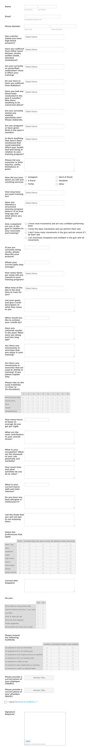 Personal Training Questionnaire STC Form Template