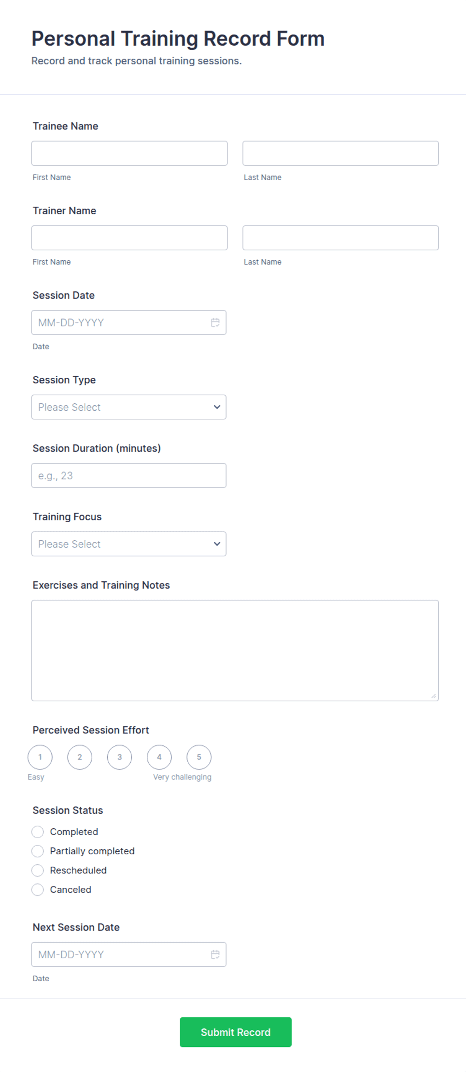 Personal Training Record Form Template | Jotform