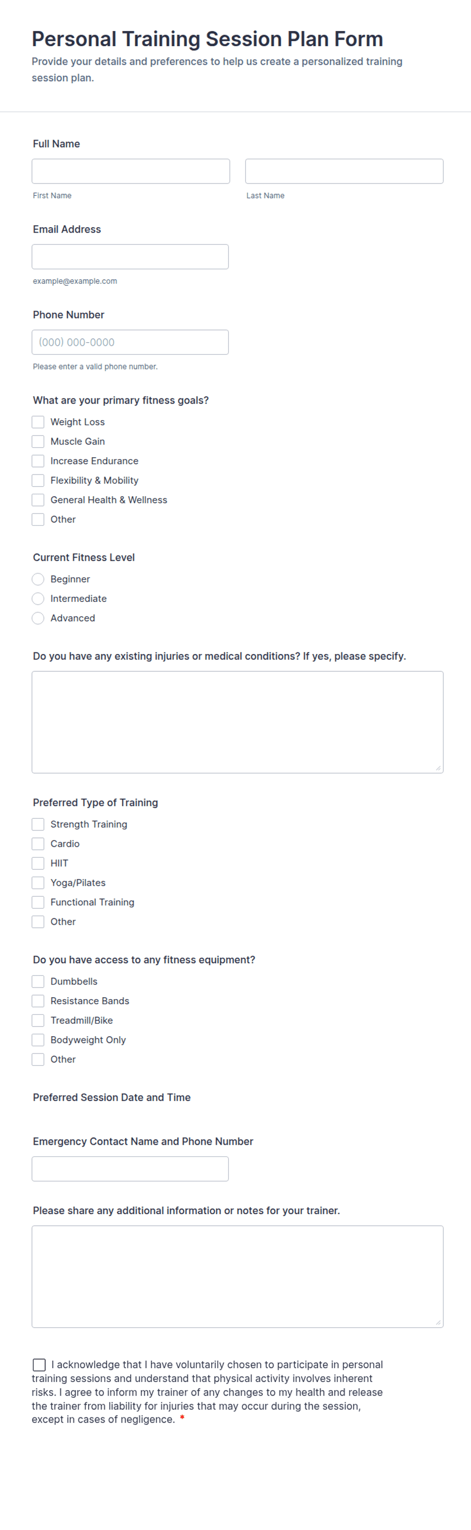 Personal Training Session Plan Form Template | Jotform