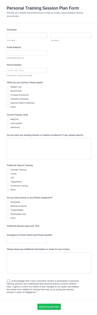 Personal Training Session Plan Form Template