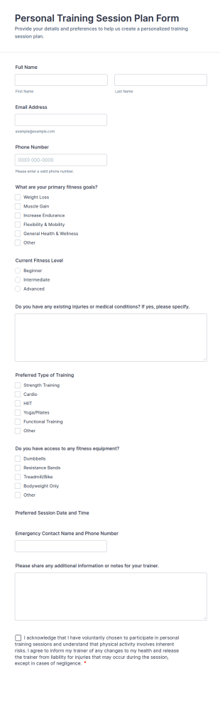 Personal Training Session Plan Form Template