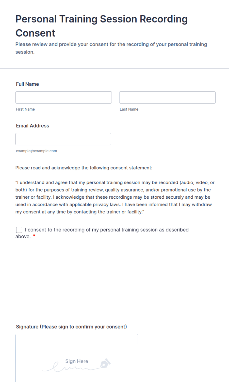 Personal Training Informed Consent Form.pdf Personal Training Session Recording Consent Form Template | Jotform
