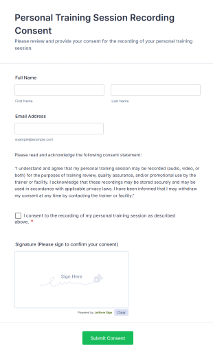 Personal Training Session Recording Consent Form Template