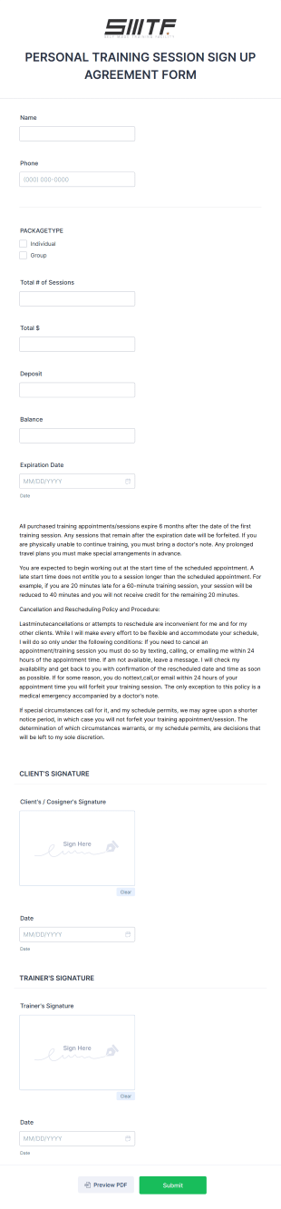 Personal Training Session Sign Up Agreement Form Template