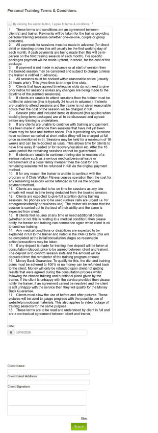 Personal Training Terms & Conditions Form Template