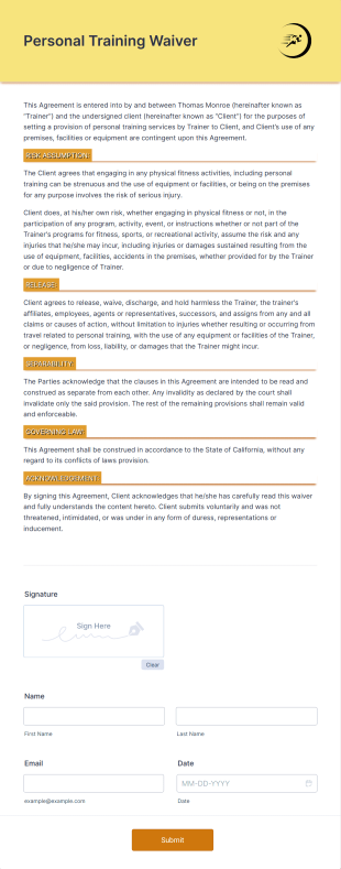 Personal Training Waiver Form Template