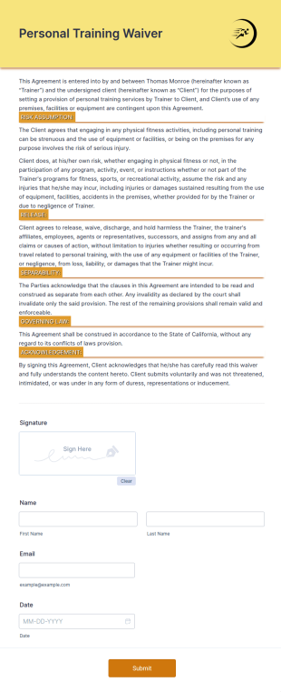 Personal Training Waiver Form Template