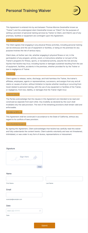 Personal Training Waiver Form Template