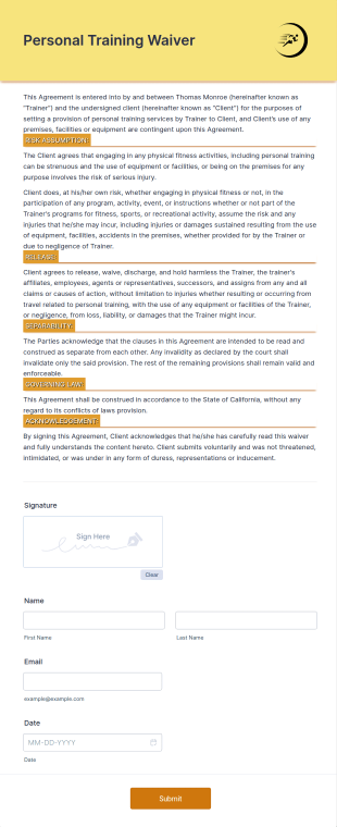 Personal Training Waiver Form Template