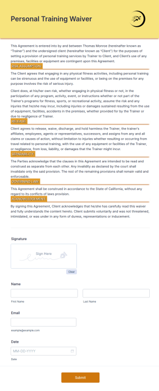 Personal Training Waiver Form Template