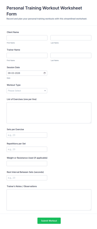 Personal Training Workout Worksheet Form Template