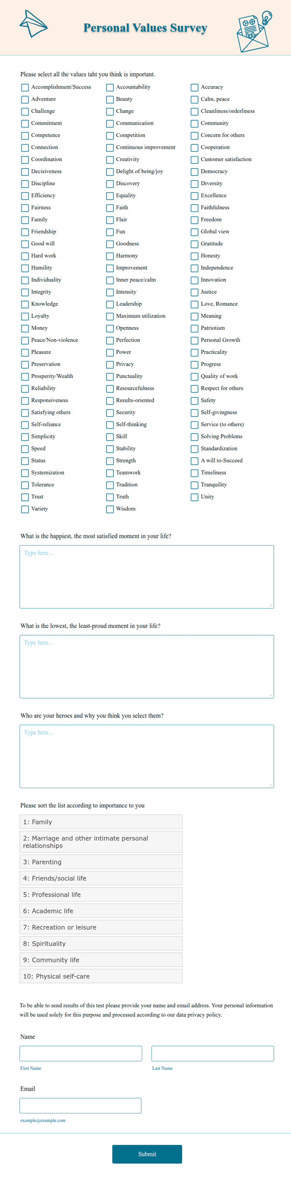 Personal Values Survey Form Template | Jotform