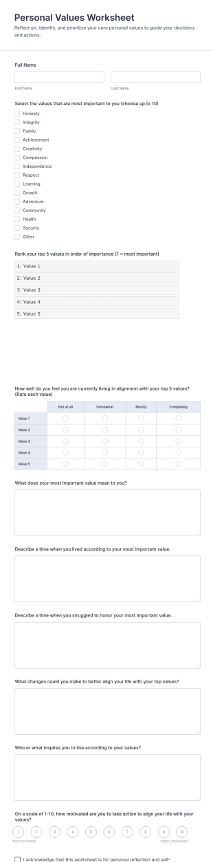 Personal Values Worksheet Form Template