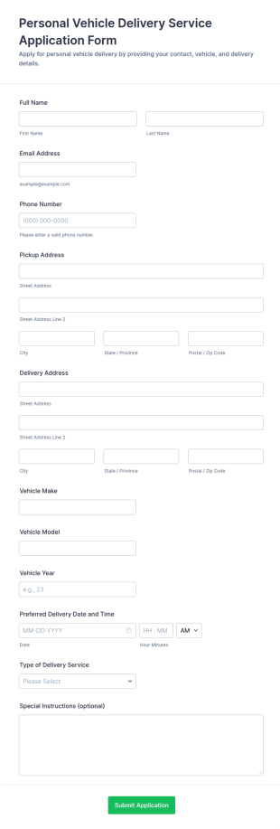 Personal Vehicle Delivery Service Application Form Template