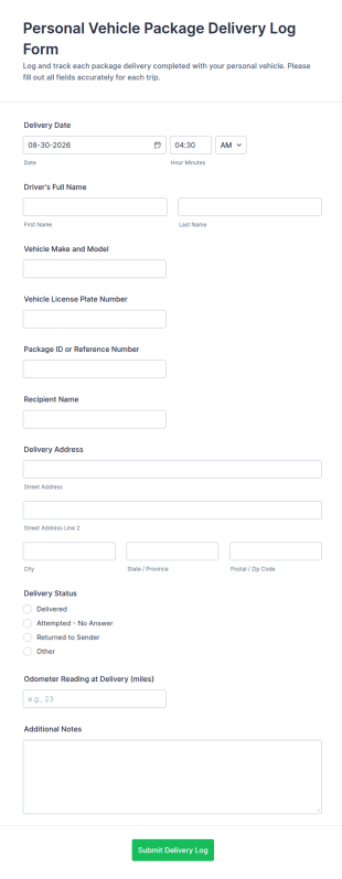 Personal Vehicle Package Delivery Log Form Template