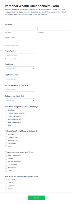 Personal Wealth Questionnaire Form Template