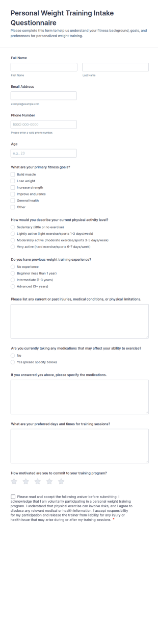 Personal Weight Training Intake Questionnaire Form Template