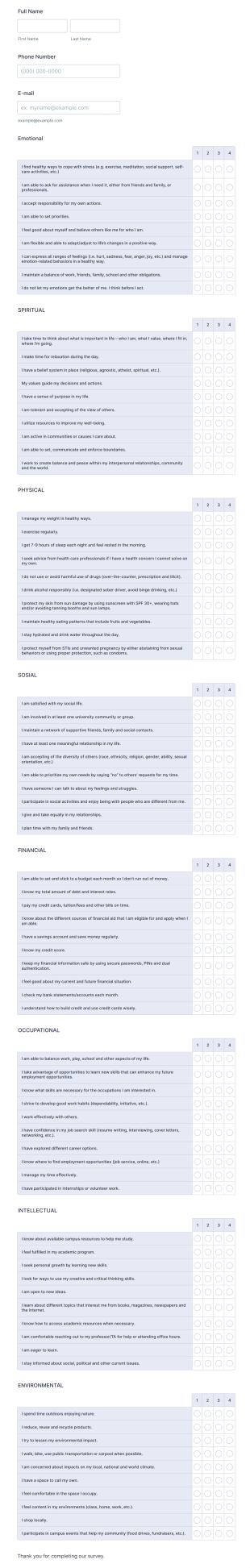 Personal Wellness Assessment Form Template