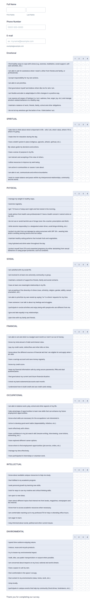 Personal Wellness Assessment Form Template