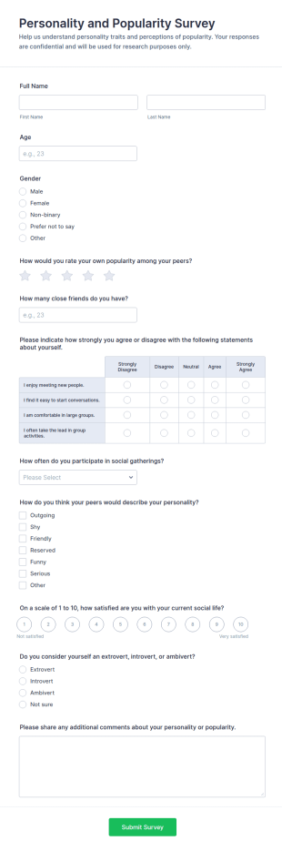 Personality And Popularity Survey Form Template