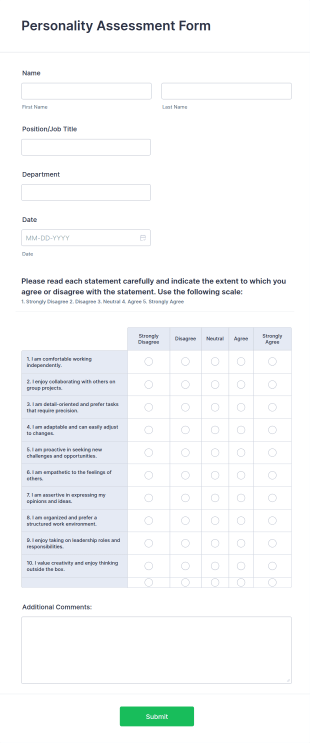 Personality Assessment Form Template