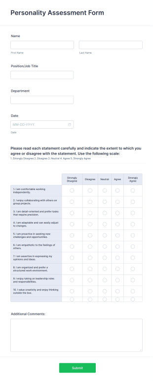 Personality Assessment Form Template