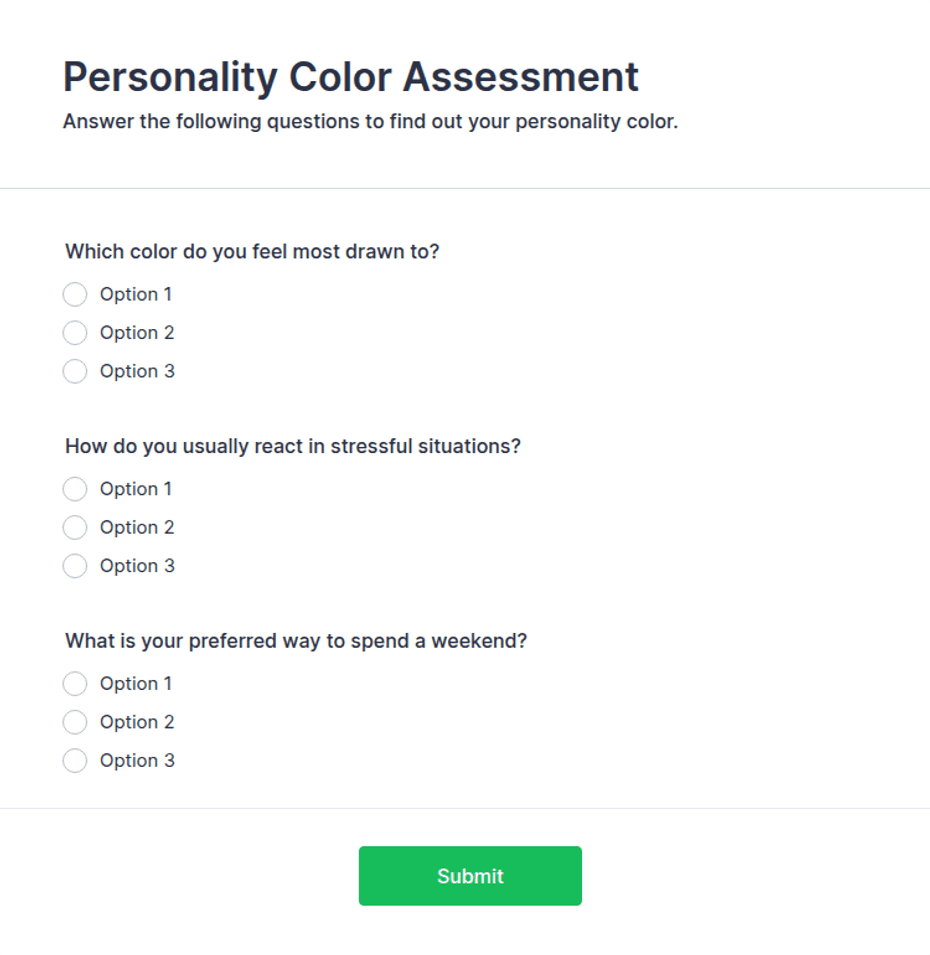 Color Code Questionnaire Personality Color Assessment Form Template | Jotform